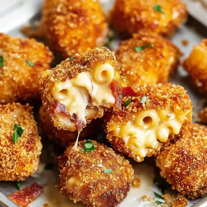 Up-close shot of golden-brown mac and cheese bites bursting with cheesy goodness, one pull-apart piece right up front.