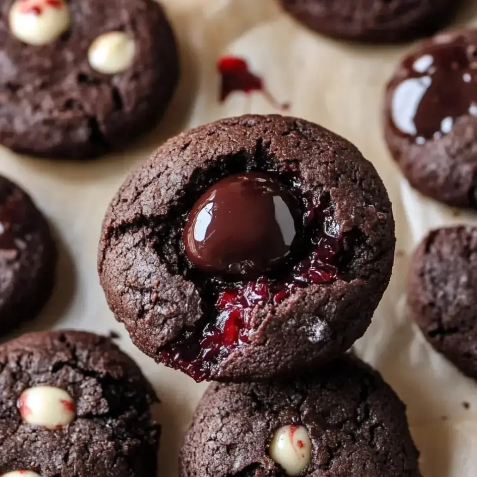 Tightly shot chocolate cookies covered with shiny ganache and filled with a red fruit jam.