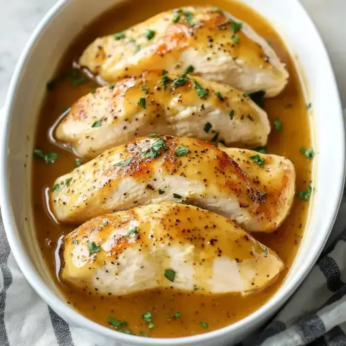 Four juicy chicken breasts in a rich golden-brown sauce with herbs on top.