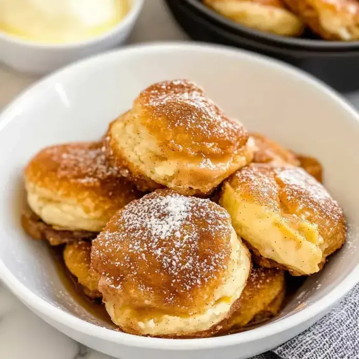 A bowl loaded with fluffy sugared biscuits stacked high, plus a dish of cream in back.