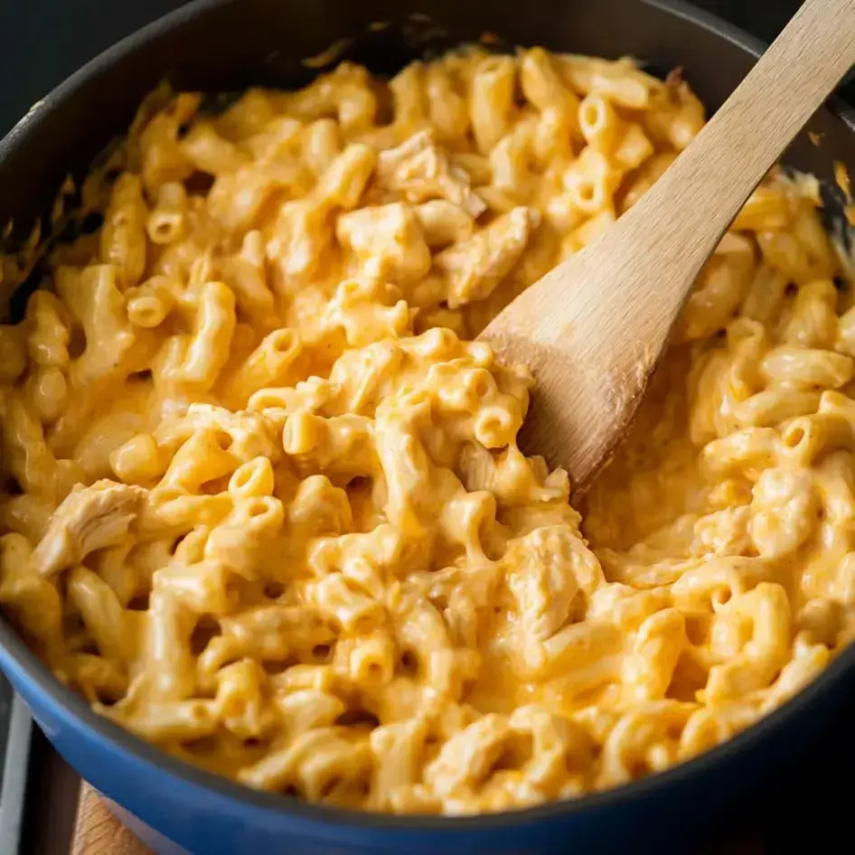 A close-up shot of creamy mac and cheese in a pot, loaded with cooked pasta and a wooden spoon.