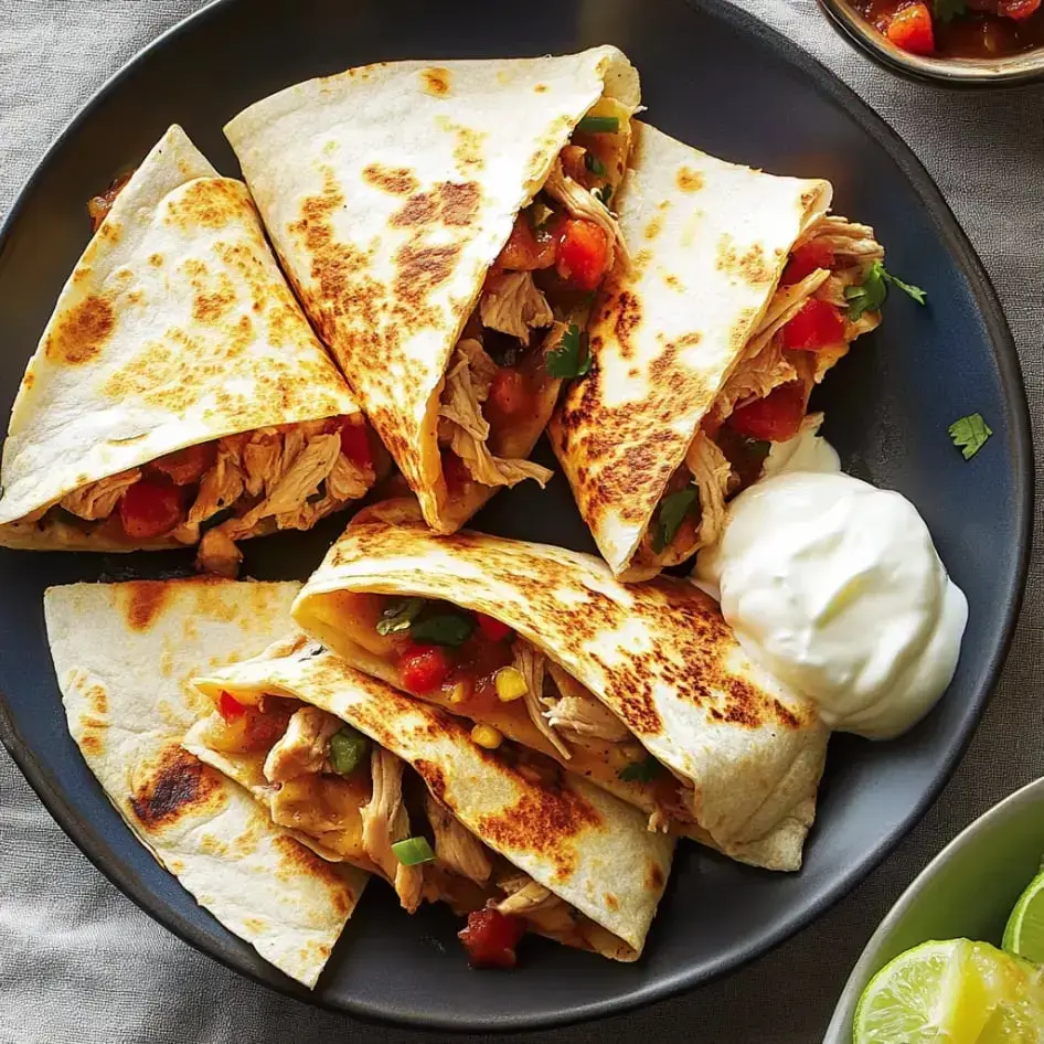 Five golden quesadillas stuffed with chicken are on a plate with diced tomatoes and sour cream on the side.