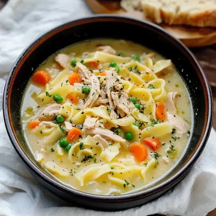 Steaming bowl packed with egg noodles, turkey pieces, carrots, and peas in a creamy broth, topped with herbs.