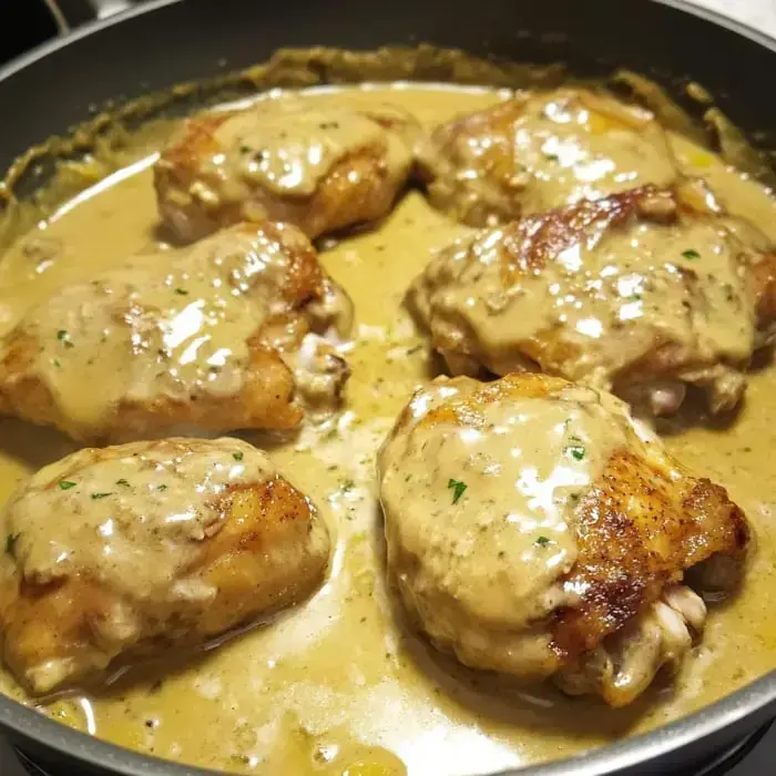 Big skillet showing chicken thighs covered in creamy, herby sauce.