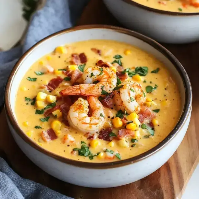 A bowl full of creamy shrimp and corn soup, sprinkled with parsley and crispy bacon bits, ready to enjoy.