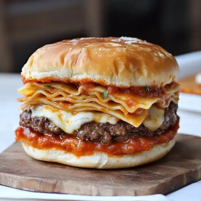 A huge burger stacked with lasagna noodles, gooey cheese, and marinara all piled inside a perfectly toasted bun.