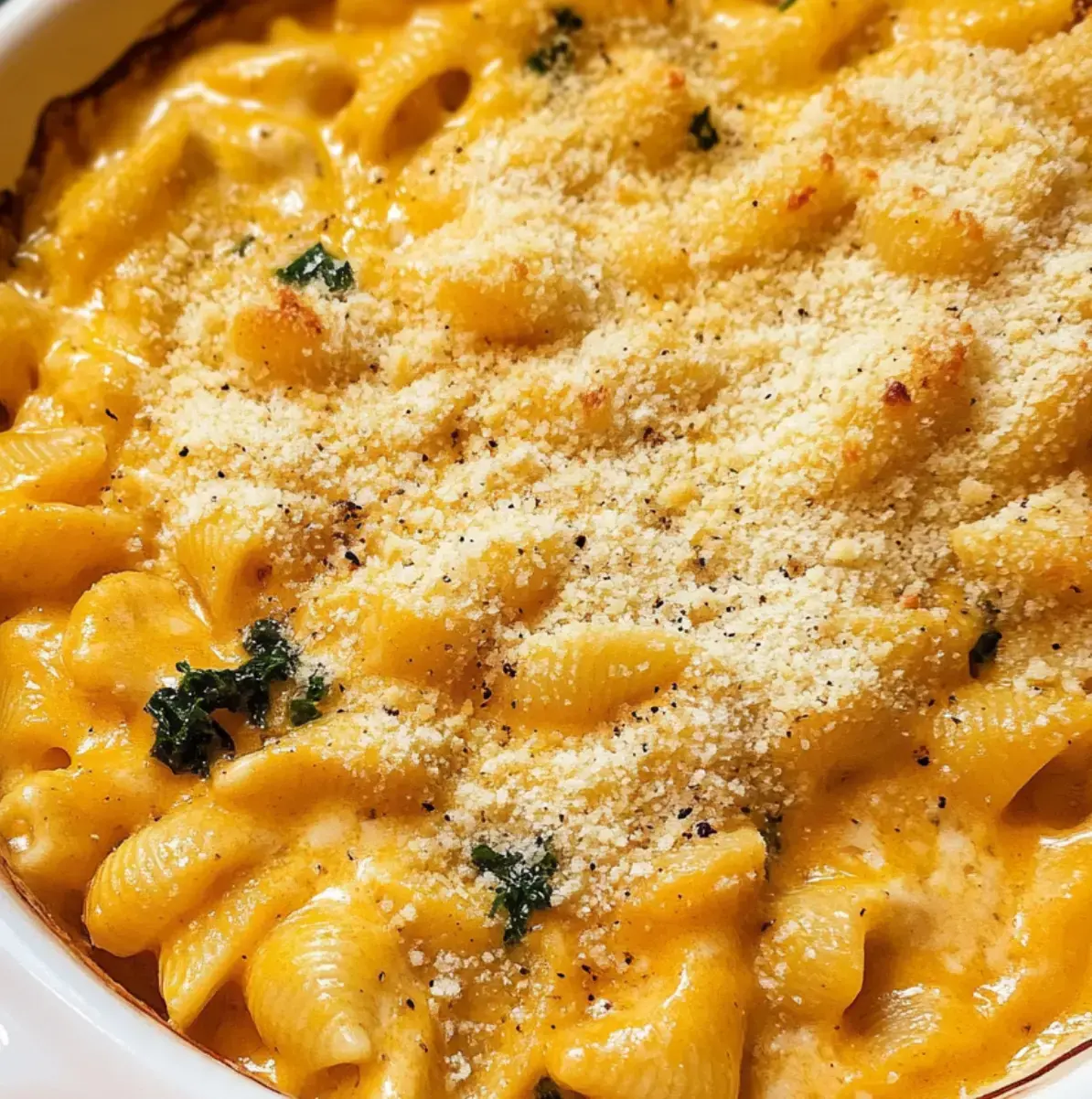 Close-up shot: super creamy mac and cheese with crunchy breadcrumbs and a sprinkle of green herbs.