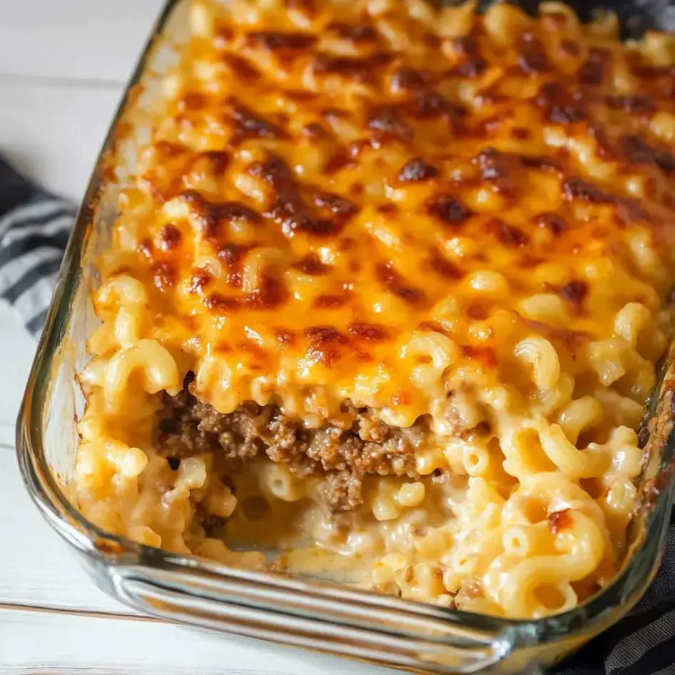 Cheesy mac layered over ground beef in a glass baking dish, ready for serving.