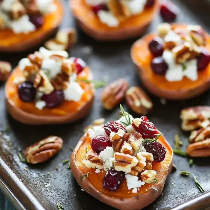 A big plate full of sweet potato coins with creamy goat cheese, crunchy pecans, and cranberries piled on top.