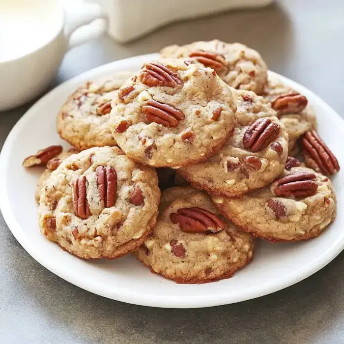 A plate of freshly baked cookies loaded with pecan halves.