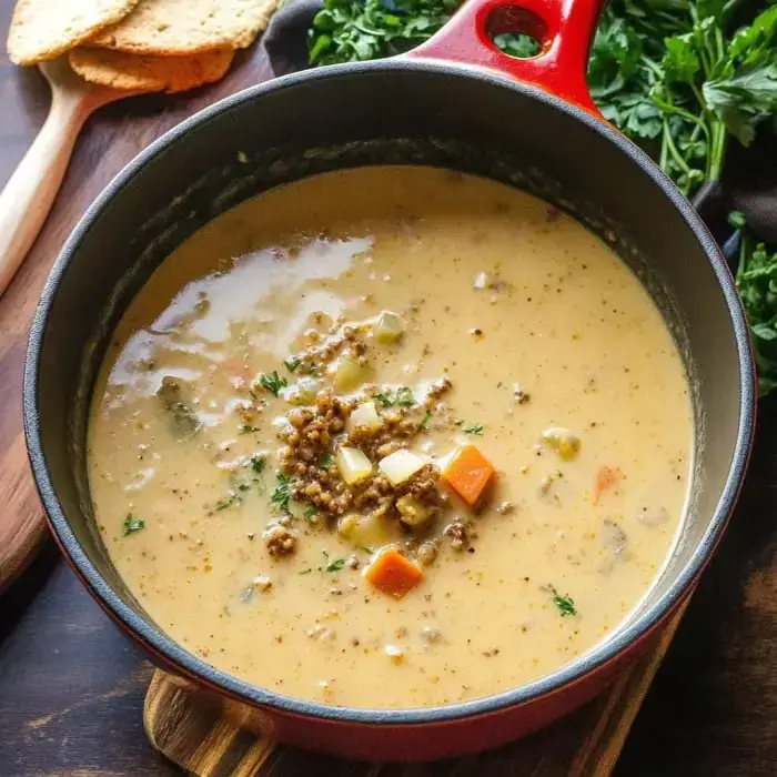 You're looking at a thick, creamy soup with veggies and a meaty lookalike, all in a bright red pot. There's crackers and herbs off to the side.