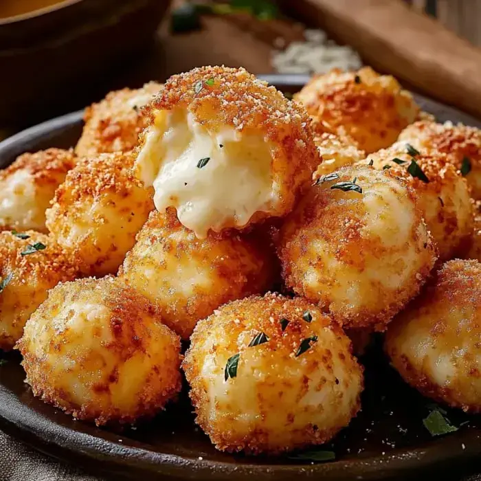 Golden, crispy snack balls served on a plate, one open to show melty cheese inside.