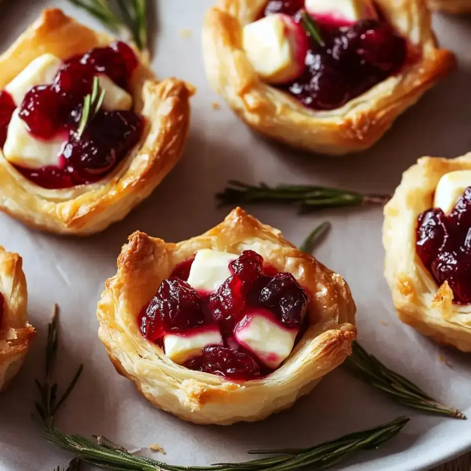 A baking tray with crispy golden pastry cups filled with melty cheese, cranberry sauce, and a hint of rosemary.