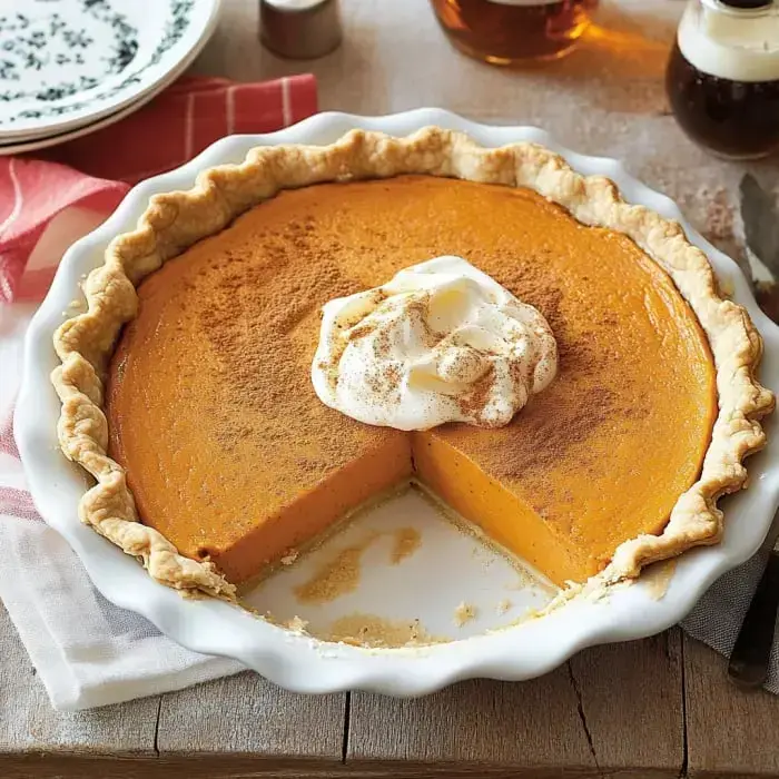Freshly baked pumpkin pie with whipped cream and a bit of cinnamon on top, a slice already missing.