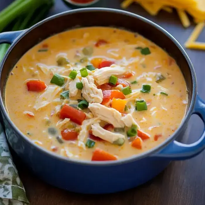 Steamy creamy chicken soup packed with veggies in a blue dish.