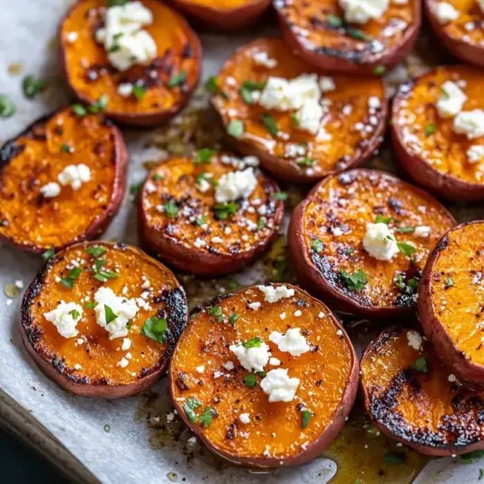 Slices of sweet potato roasted on a baking sheet with melted feta and fresh herbs scattered on top.