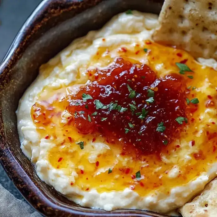 Creamy grits in a bowl finished with sweet tangy fruit jam, herby garnish, and crackers on the side.