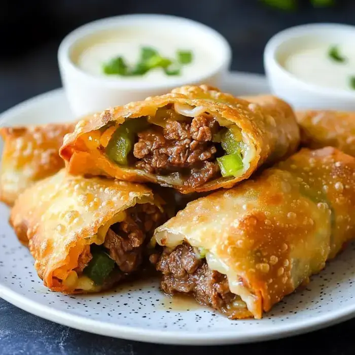 Crispy beef and pepper-filled egg rolls piled on a plate with two small bowls of dip on the side.