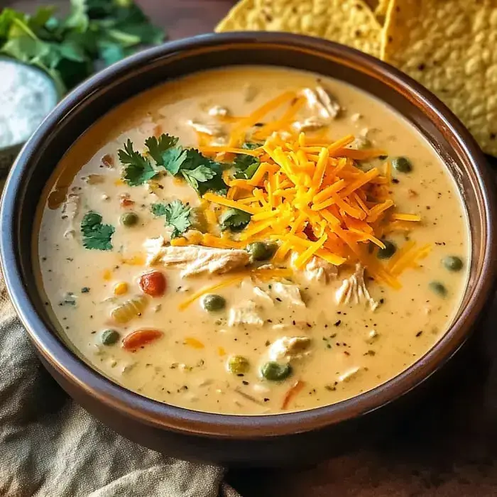 A big bowl of creamy soup with juicy chicken, peas, tomatoes, topped with cheddar and fresh cilantro, with some corn tortilla chips on the side.