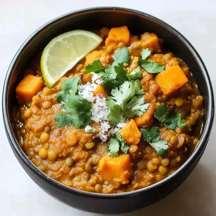 Steaming lentil stew with sweet potato chunks, cilantro, and a lime wedge on top.