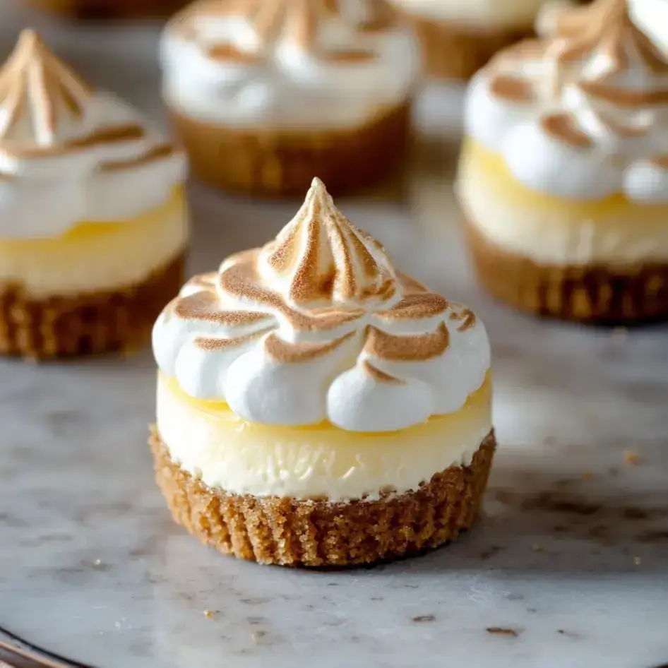 Zoomed-in shot of a mini lemon meringue tart with golden, swirly meringue and a crumbly graham crust.