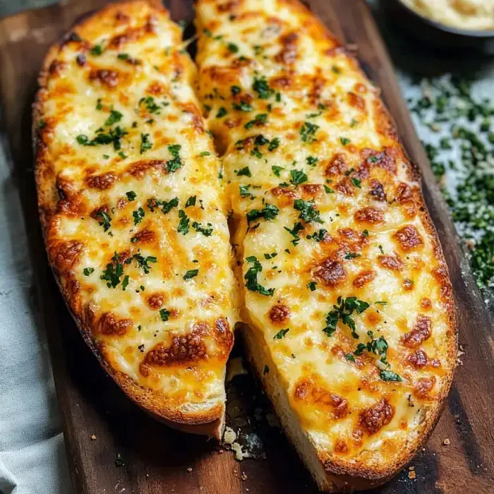 Cheesy bread halves on a wood tray covered in melted cheese and parsley, ready to eat.