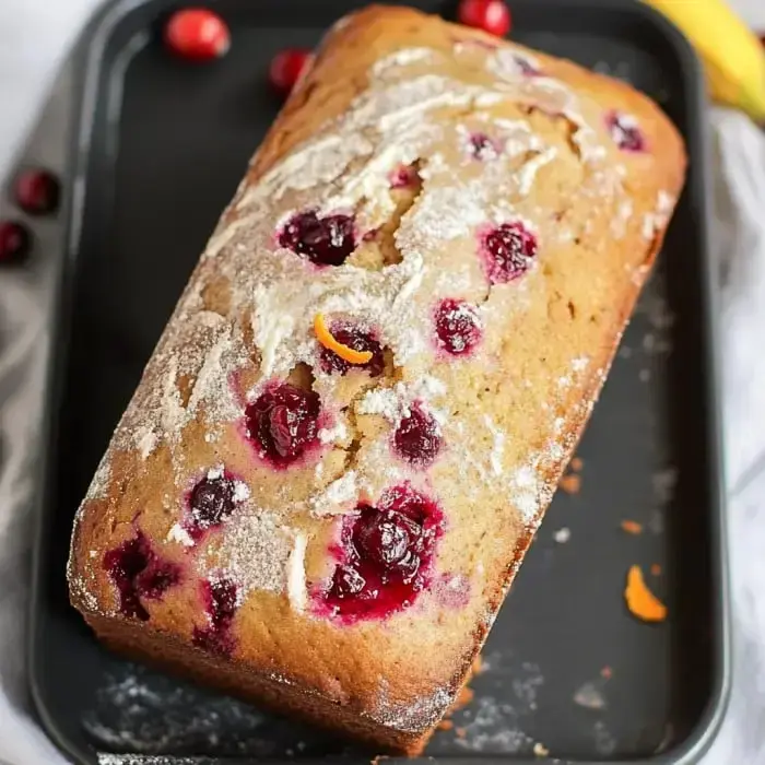 Bright cranberry-studded loaf sits on a flour-dusted board, tangy berries scattered up top.