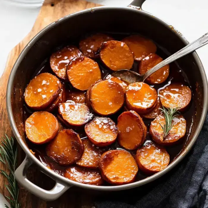 Close shot of glazed sweet potatoes in a pan, rosemary sprinkled on top.