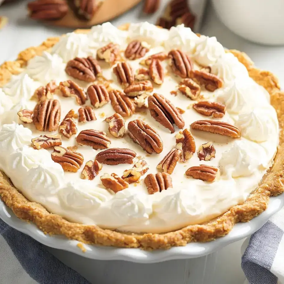 A mouthwatering pecan pie with whipped cream and big pecans on a white plate.