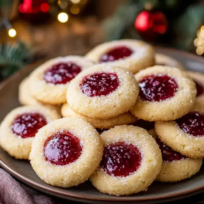 A stack of golden cookies topped with raspberry jam and rolled in sugar sits on a cozy table decked out for the holidays.