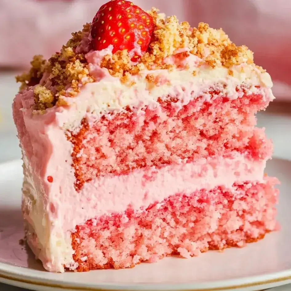 A big slice of strawberry cake with crumble topping and a fresh berry on top.