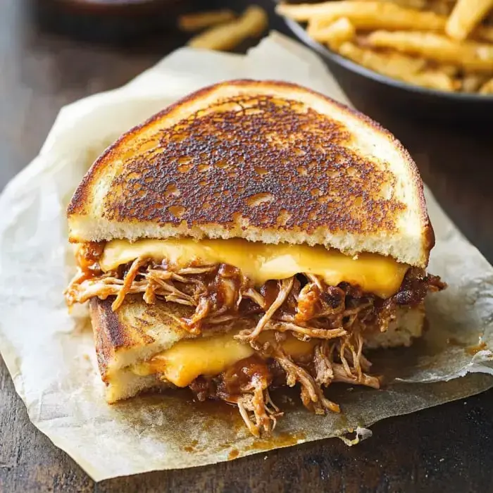 Grilled cheesy sandwich with pulled pork and melty layers, sitting on parchment.