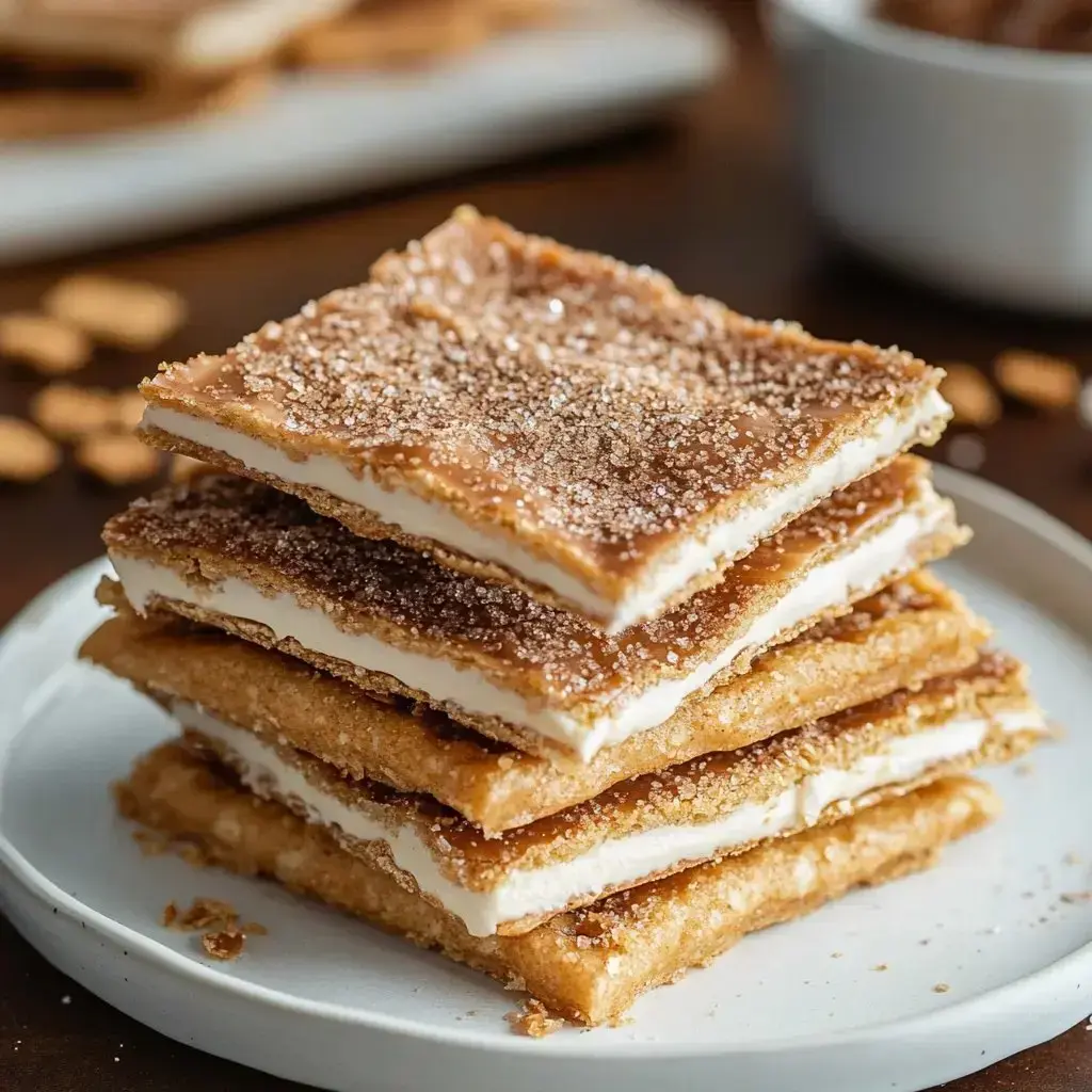 Four stacked, layered bars with creamy middles and a golden sweet top sitting on a white dish.