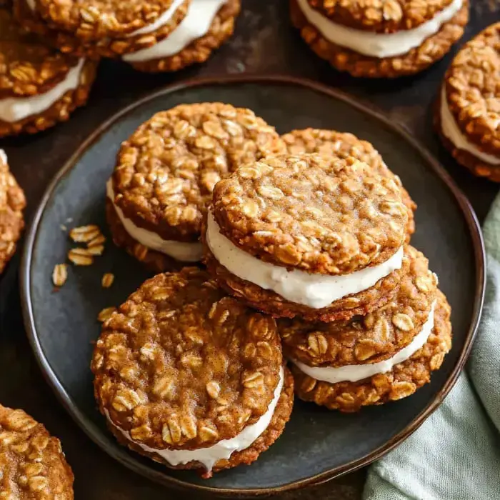 Stack of chewy oatmeal cookies stuffed with creamy filling sitting on a plate.