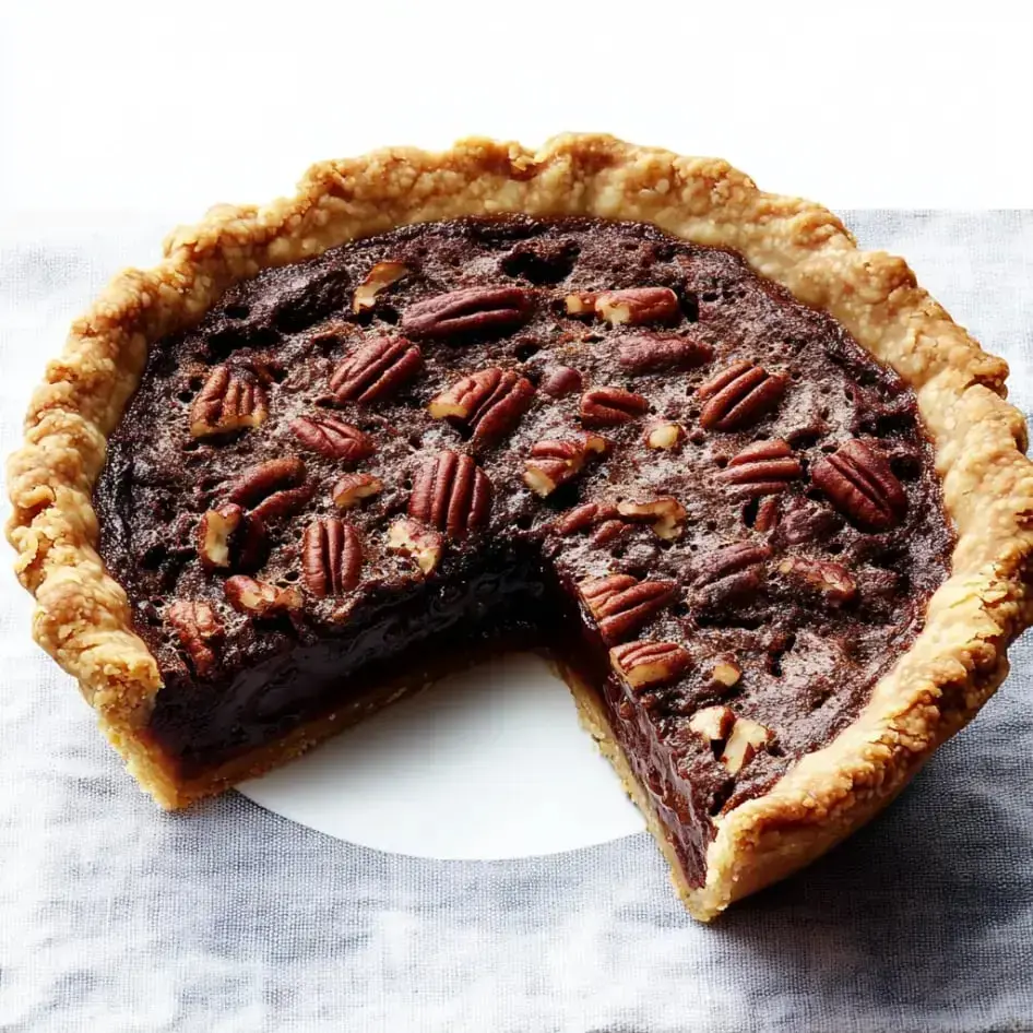 A pecan pie with a slice removed, showing off its gooey filling, topped with whole pecans, sitting on a light textured background.