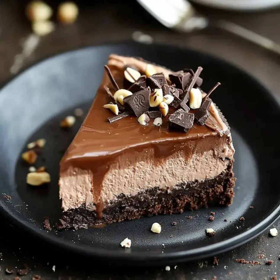 One piece of chocolatey cake with a creamy chocolaty middle and a chocolate cookie crust, finished with chocolate curls and nut bits, sitting on a dark plate.