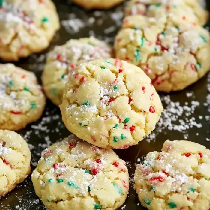 Up-close shot of super bright cookies dusted with powdered sugar and speckled with red and green candy bits.