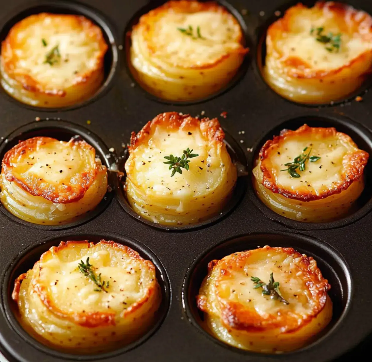Golden mini potato gratins in a muffin tray with bubbling cheese and fresh green thyme.