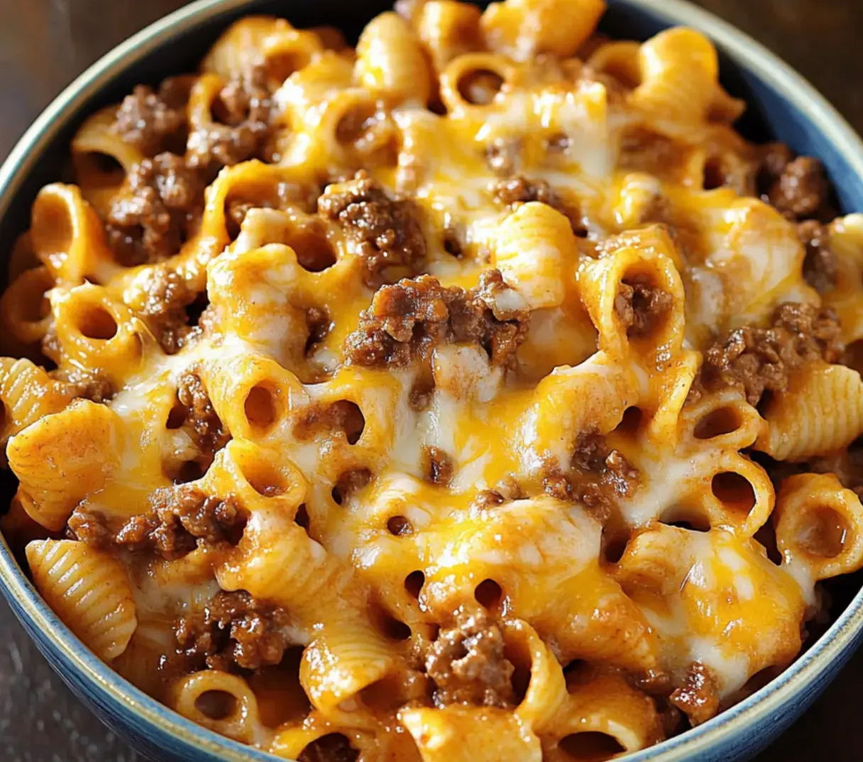 Bowl featuring gooey pasta, juicy beef, and melty cheese up close.