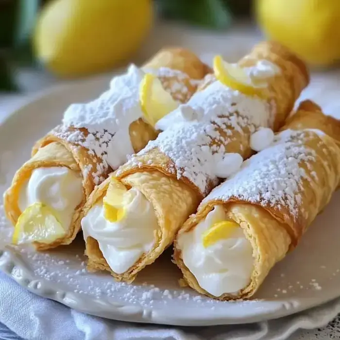 Three lemon-packed cannoli on a plate, dusted with sugar and decorative lemon slices.