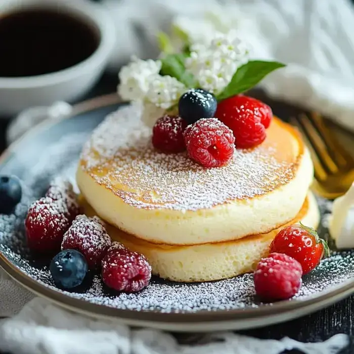 Fluffy pancakes stacked high with berries, dusted with sugar, a sprig of green on top, and a cup of coffee off to the side.