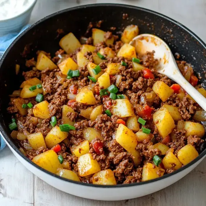 A pan packed with ground beef and chunks of potatoes, topped with green onion bits.