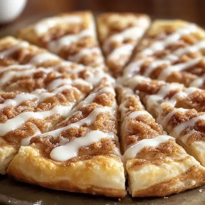 Freshly sliced dessert pizza sprinkled with cinnamon and a generous icing drizzle.