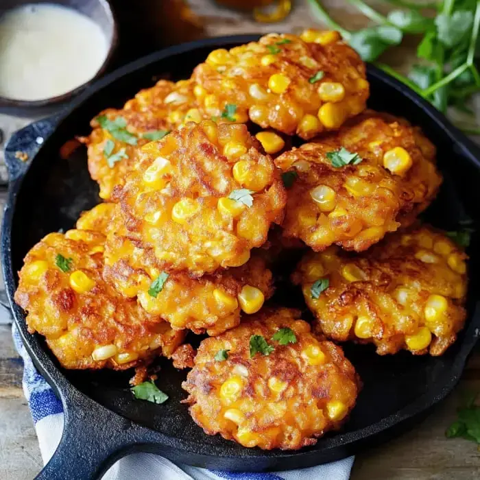 A black skillet filled with golden brown corn fritters and a sprinkle of fresh cilantro on top.