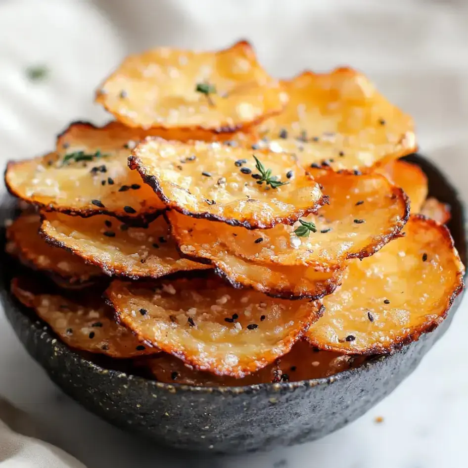 Zoomed-in shot of a bowl holding crunchy golden chips, topped off with black sesame seeds and bright green thyme.