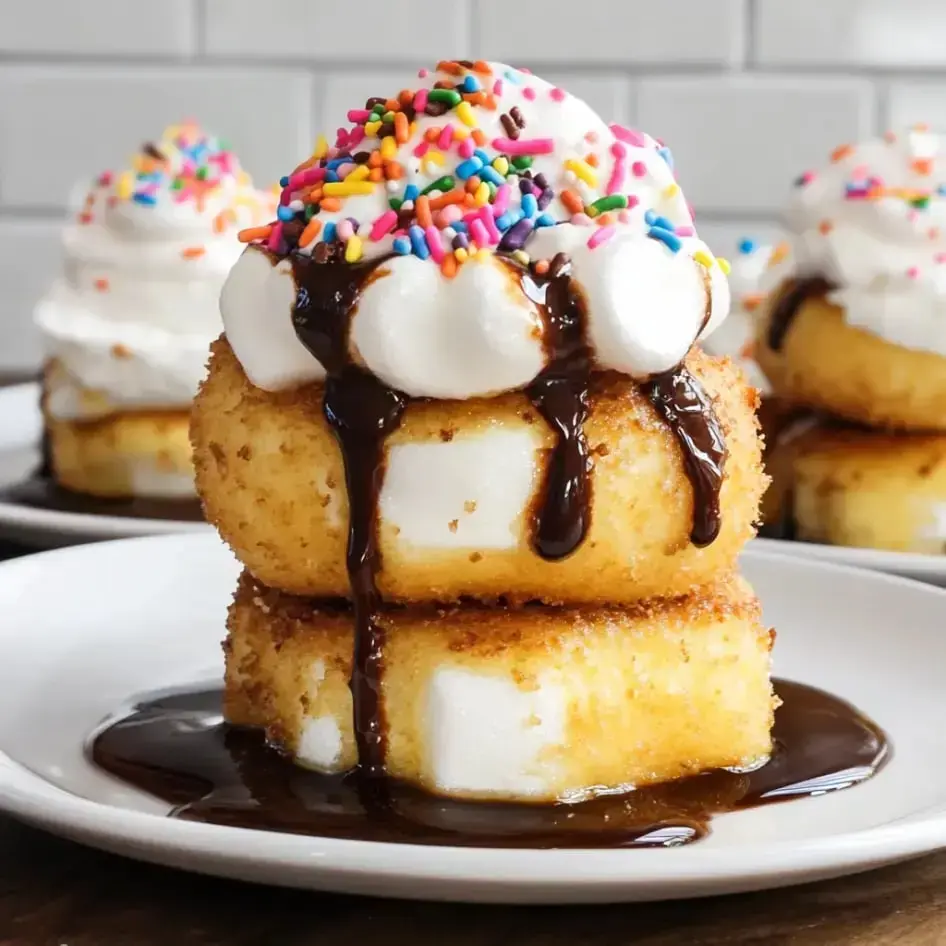 Two golden cakes stacked up, covered in whipped cream, chocolate drizzle, and bright sprinkles on a white plate.