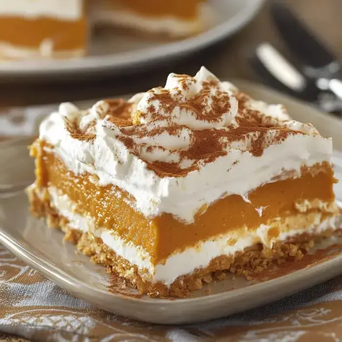You see a slice with pumpkin filling and creamy topping dusted with cinnamon, sitting on a pale plate.
