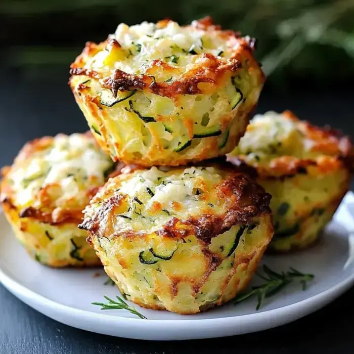 Three golden-brown zucchini muffins topped with gooey cheese rest on a plate, ready to eat.