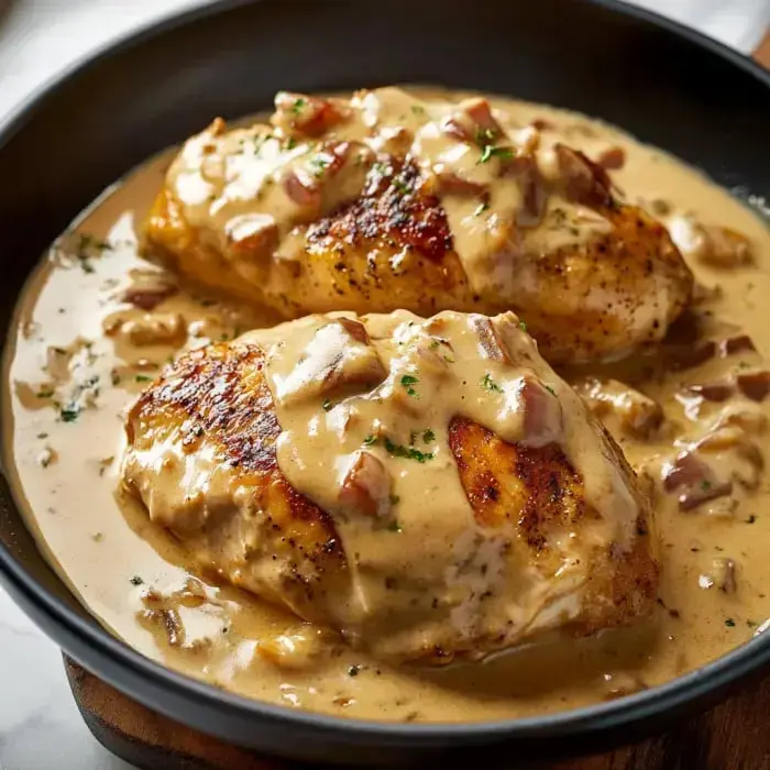 Creamy chicken with bits of bacon and herbs in a black bowl, served with sauce.