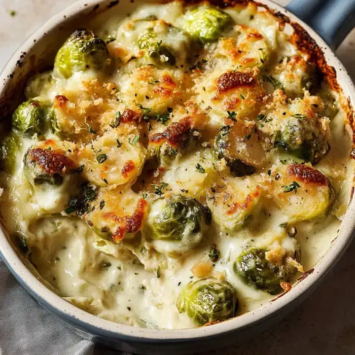 Oven-baked Brussels sprouts in a casserole, finished with a cheesy, golden topping.